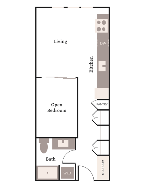 Floor plan for 1 bed, 1 bath, 577 sqft